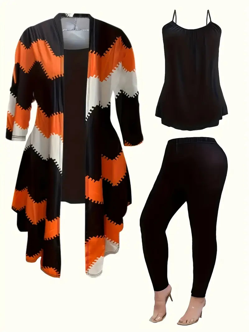 Printed Cardigan Jacket Women's Three-piece Suit with Solid Slacks Vest - Everyday Suit
