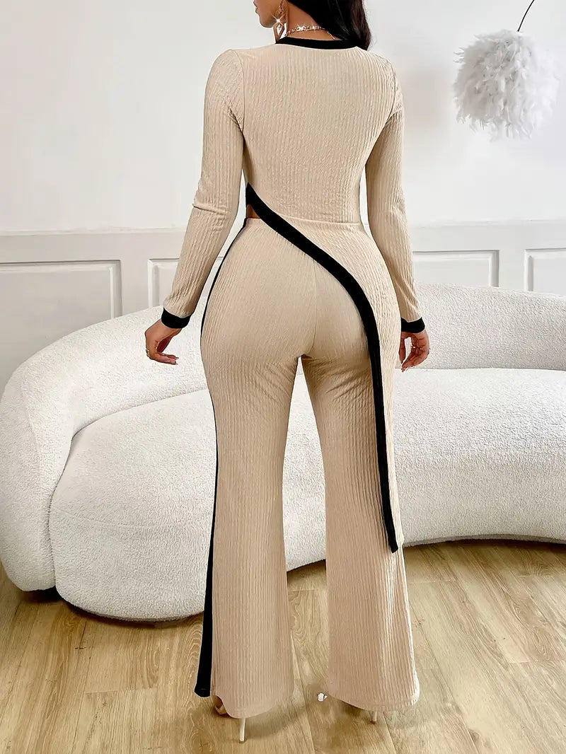2pcs set for women with asymmetric hem T-shirt and bell-bottom pants set