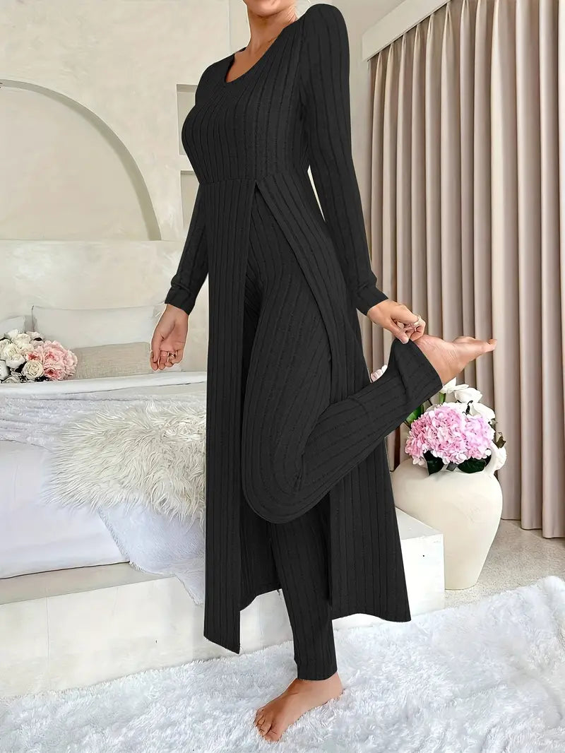 Two-piece Set of Ribbed Long-sleeved Top and Pants for Women