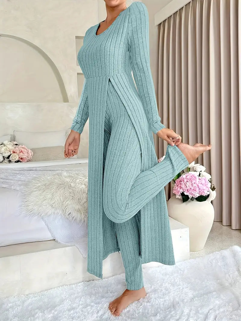 Two-piece Set of Ribbed Long-sleeved Top and Pants for Women