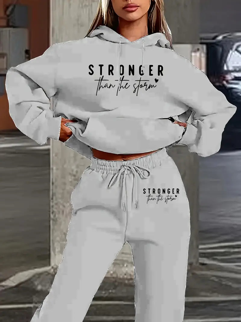 Women's Casual Two-Piece Set - "Stronger Than the Storm" Letter Print Hoodie & Drawstring Pants