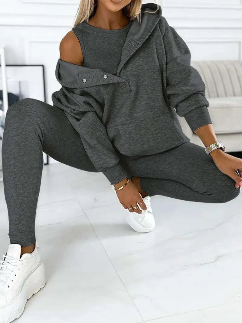 Women's 3pcs Oversized Hooded Sweatshirt & Slim-Fit Vest & Pants Set