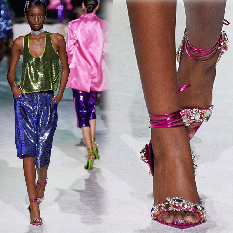 European And American Super High Heel Pointed Toe Rhinestone Fashion Banquet Catwalk