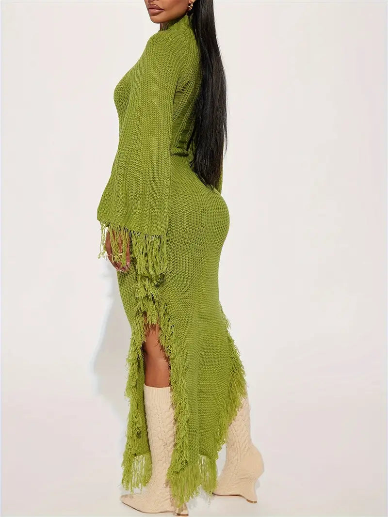 Fringe Trim Sweater Dress For Women, Batwing Long Sleeve High Neck Maxi Dress With Asymmetrical Hem