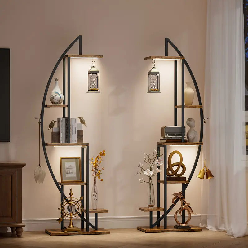 Magazine Holders with Lights, 2pcs Corner Shelf Stand, 63" Tall Large Metal Bookshelf, 6-Tier Narrow Bookcase for Collectibles