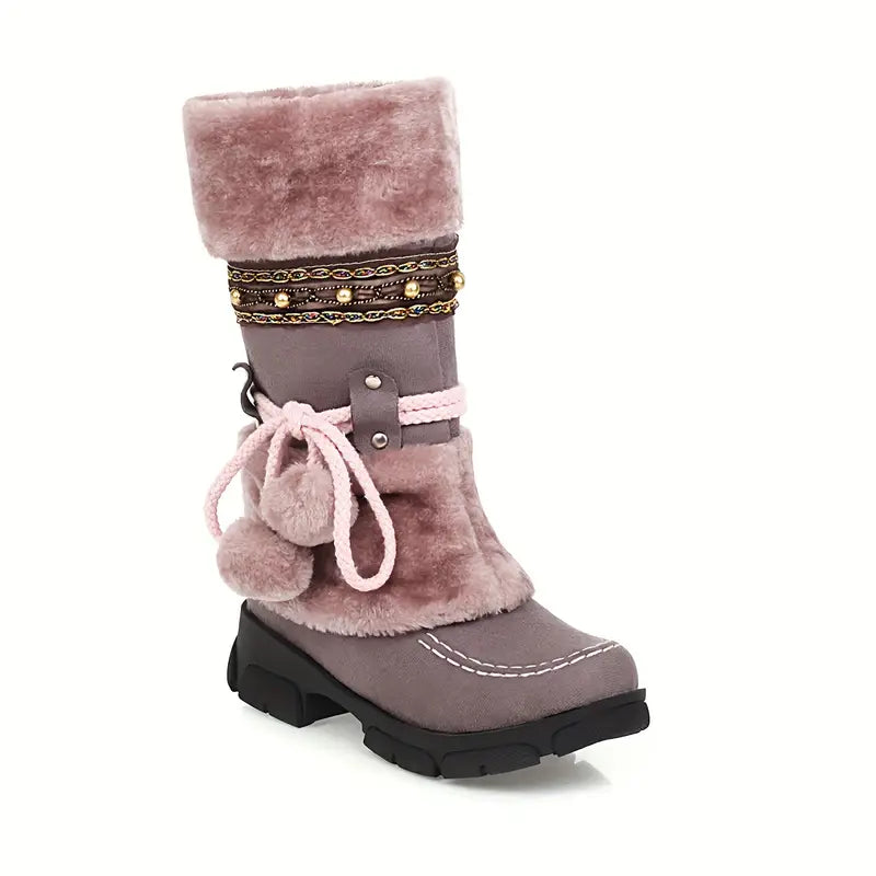 Women's Mid-Calf Slip-On Winter Snow Boots with Suede & Faux Fur, Striped Jingle Bells