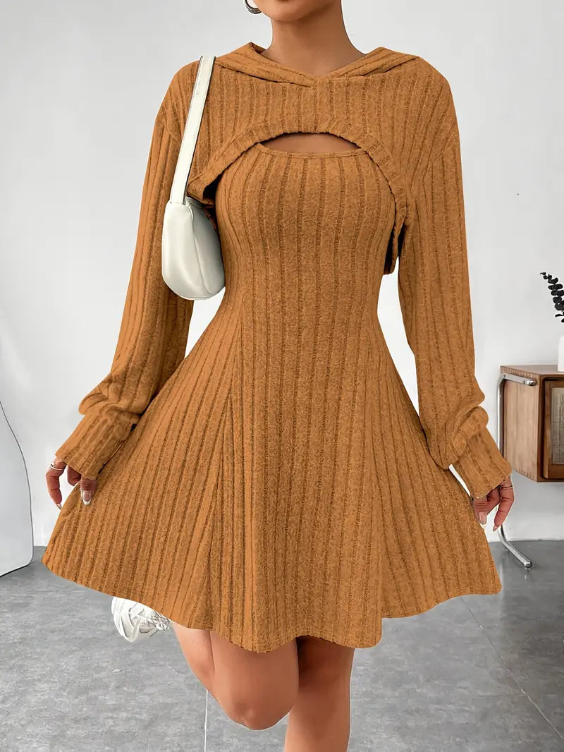 Ribbed Texture Two-Piece Set - Fashionable Short Top And Dress for Women