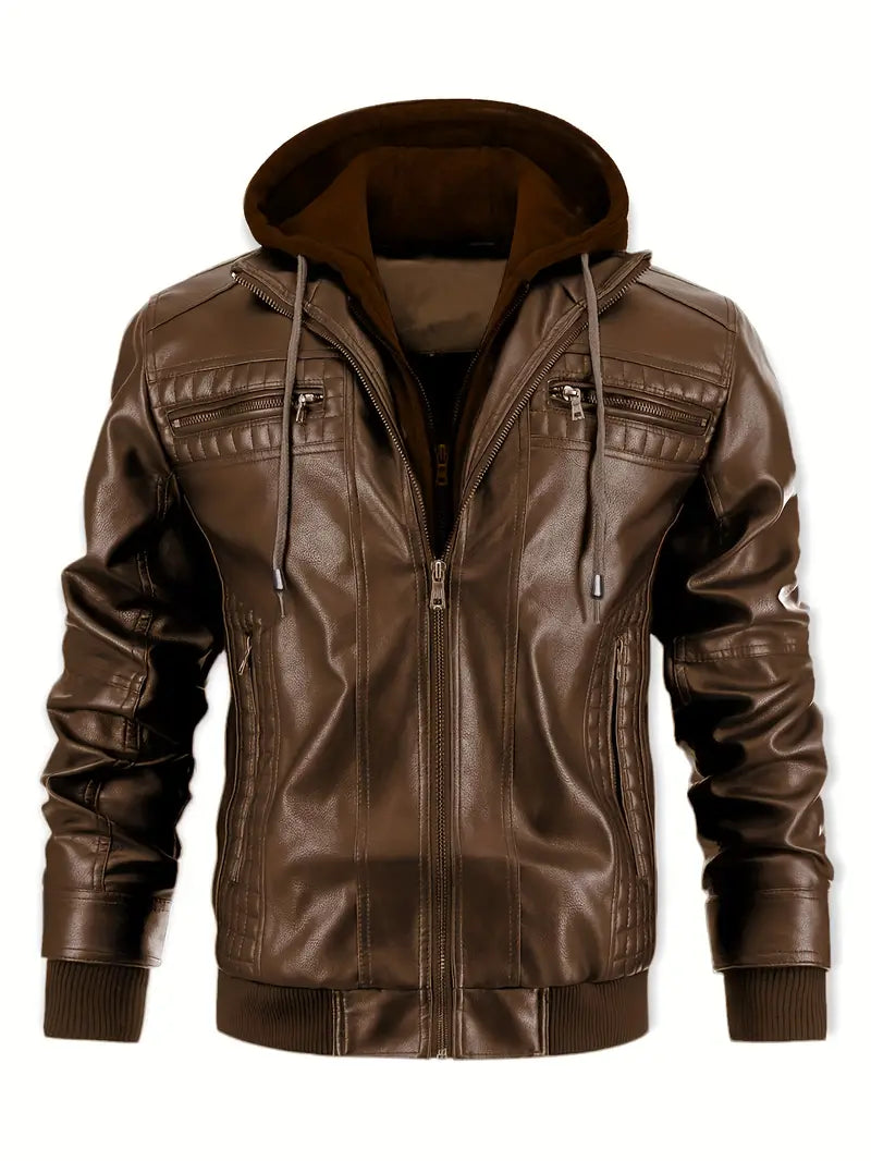 PU Leather Men’s Casual Stand Collar Zip-Up Motorcycle Bomber Jacket with Removable Hood
