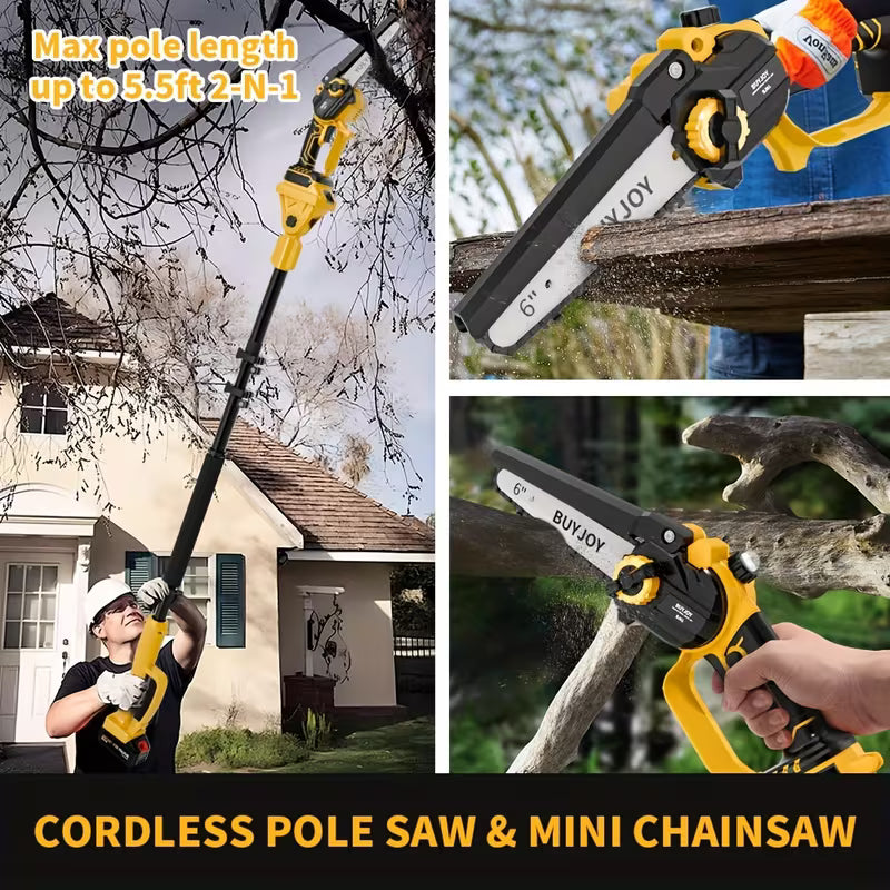 6-inch Mini Chainsaw with Additional Chain, 2-in-1 Cordless Chainsaw with Extension Rod