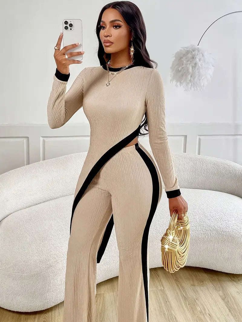 2pcs set for women with asymmetric hem T-shirt and bell-bottom pants set