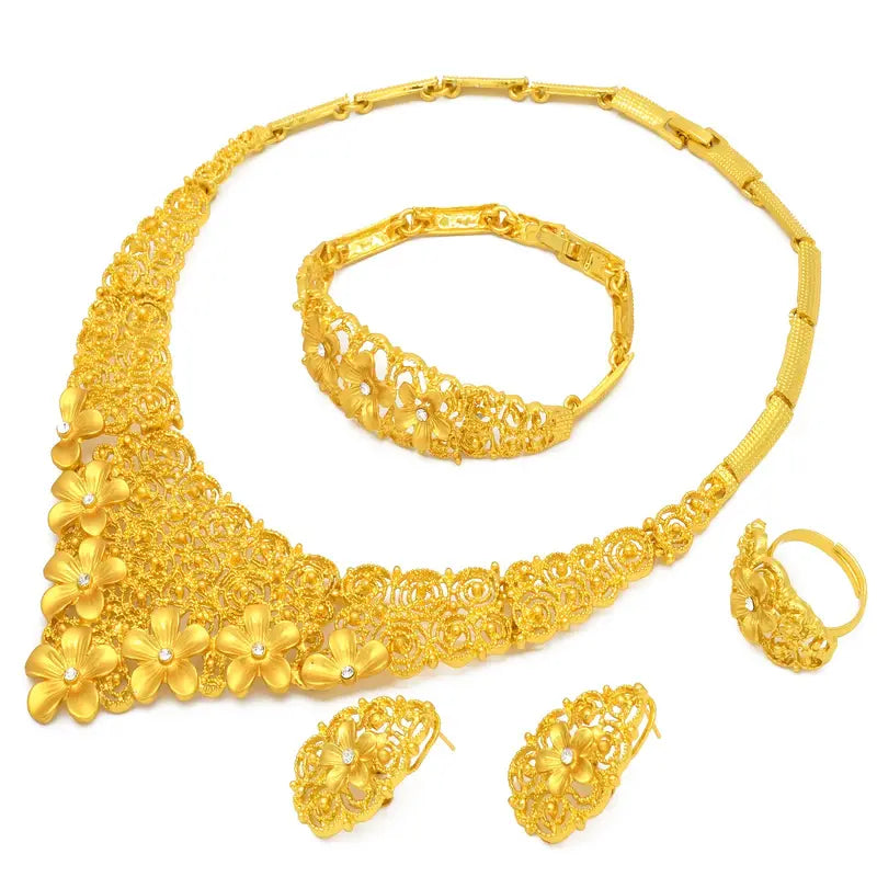 1 Necklace + 1 Bracelet + 1 Pair of Earrings + 1 Ring Luxury Style Bridal Jewelry Set Golden-Plated Floral Hollow Design
