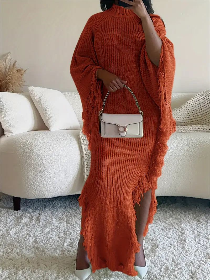 Fringe Trim Sweater Dress For Women, Batwing Long Sleeve High Neck Maxi Dress With Asymmetrical Hem