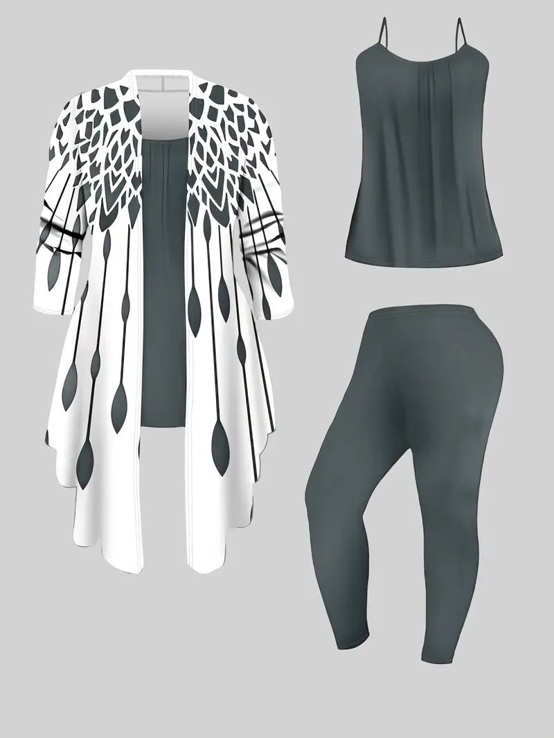 Women's 3pcs Collision Set: Geometric Print Cardigan, Sleeveless Vest And Solid Color Pant Set