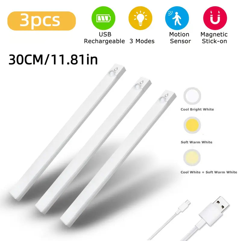 3pcs Dimmable LED Motion Sensor Cabinet Lights | USB Rechargeable, 3Color Modes