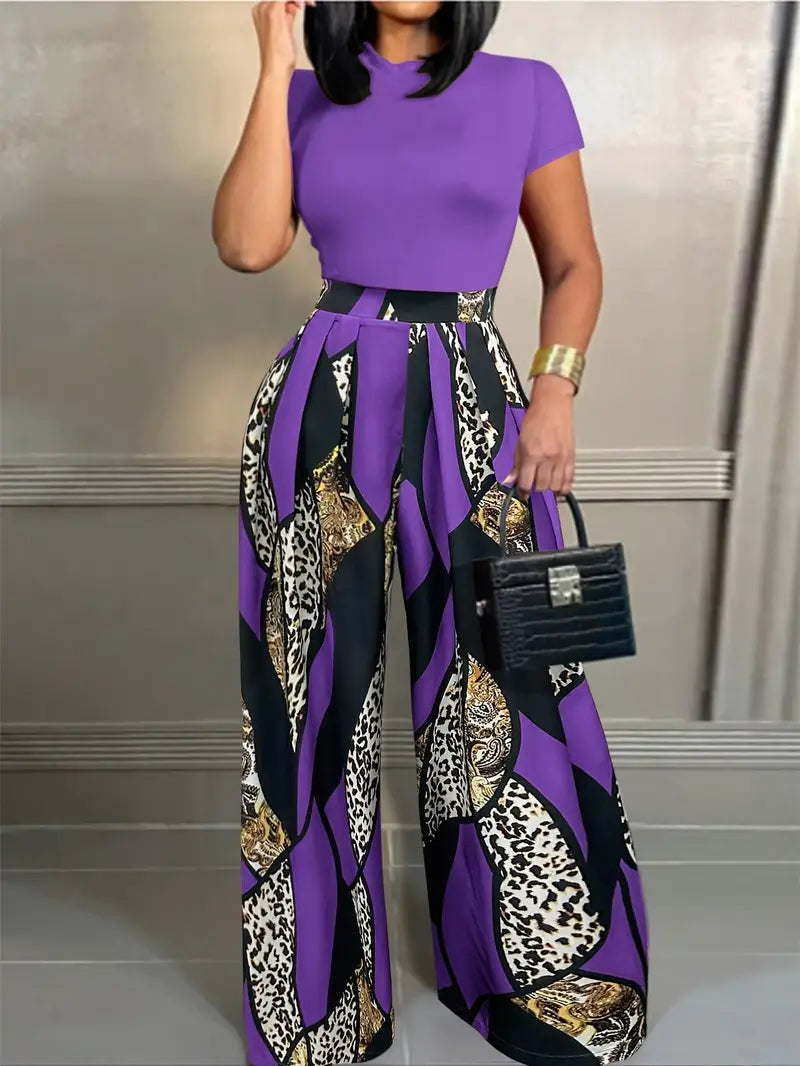 2pcs Set of Short-sleeved Slim-fit T-shirts + Elastic Waist Design Printed Wide-leg Pants for Summer