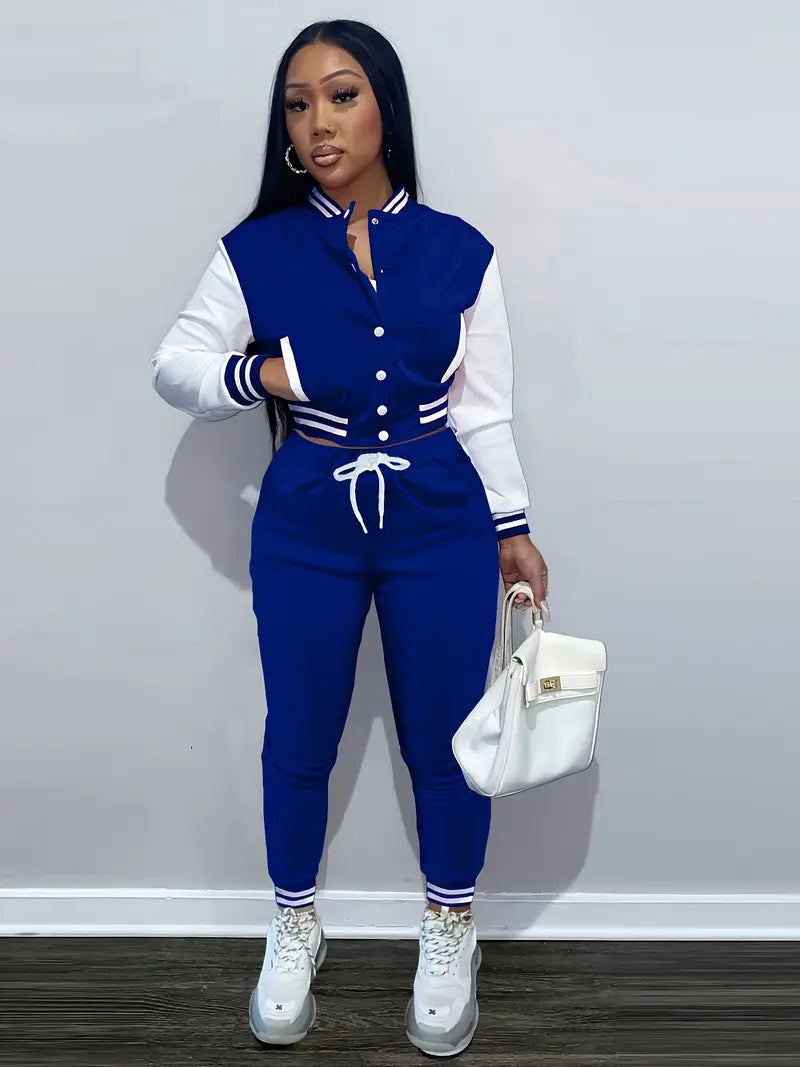 Women'S Baseball Jacket and Jumpsuit Set - Casual Two-Piece with Drawstring Waist, Button-Up Collar