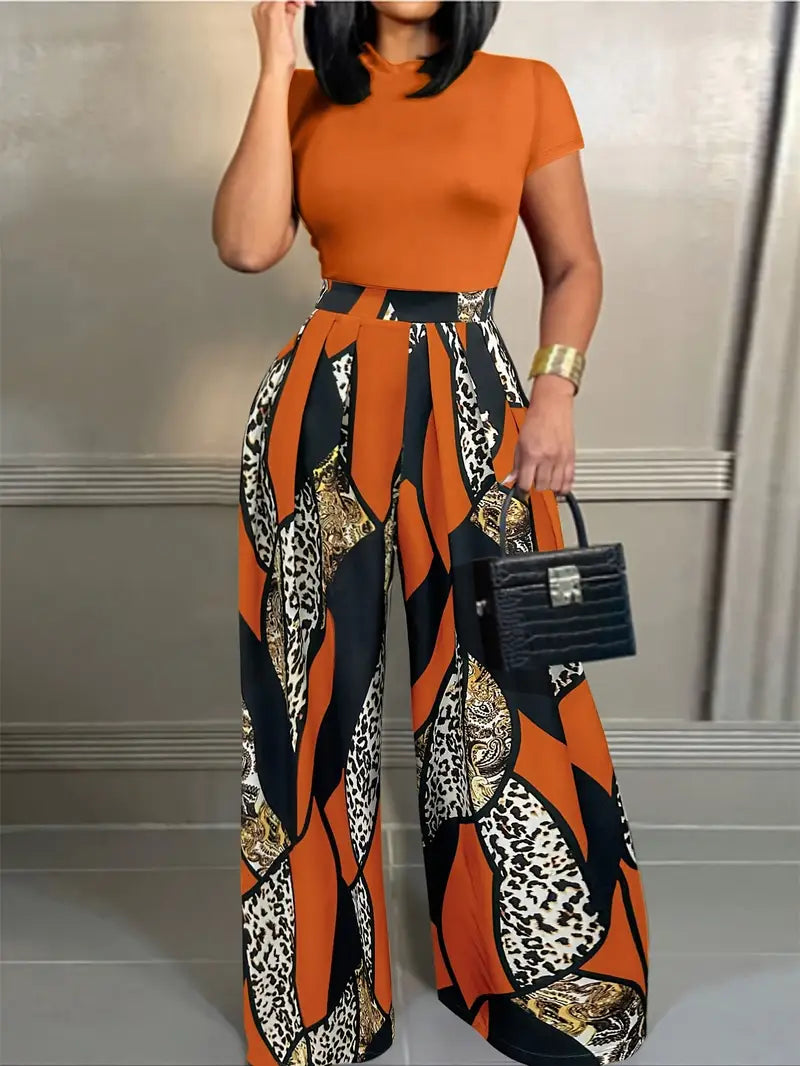 2pcs Set of Short-sleeved Slim-fit T-shirts + Elastic Waist Design Printed Wide-leg Pants for Summer