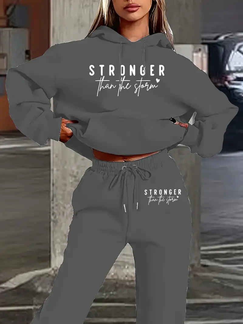 Women's Casual Two-Piece Set - "Stronger Than the Storm" Letter Print Hoodie & Drawstring Pants