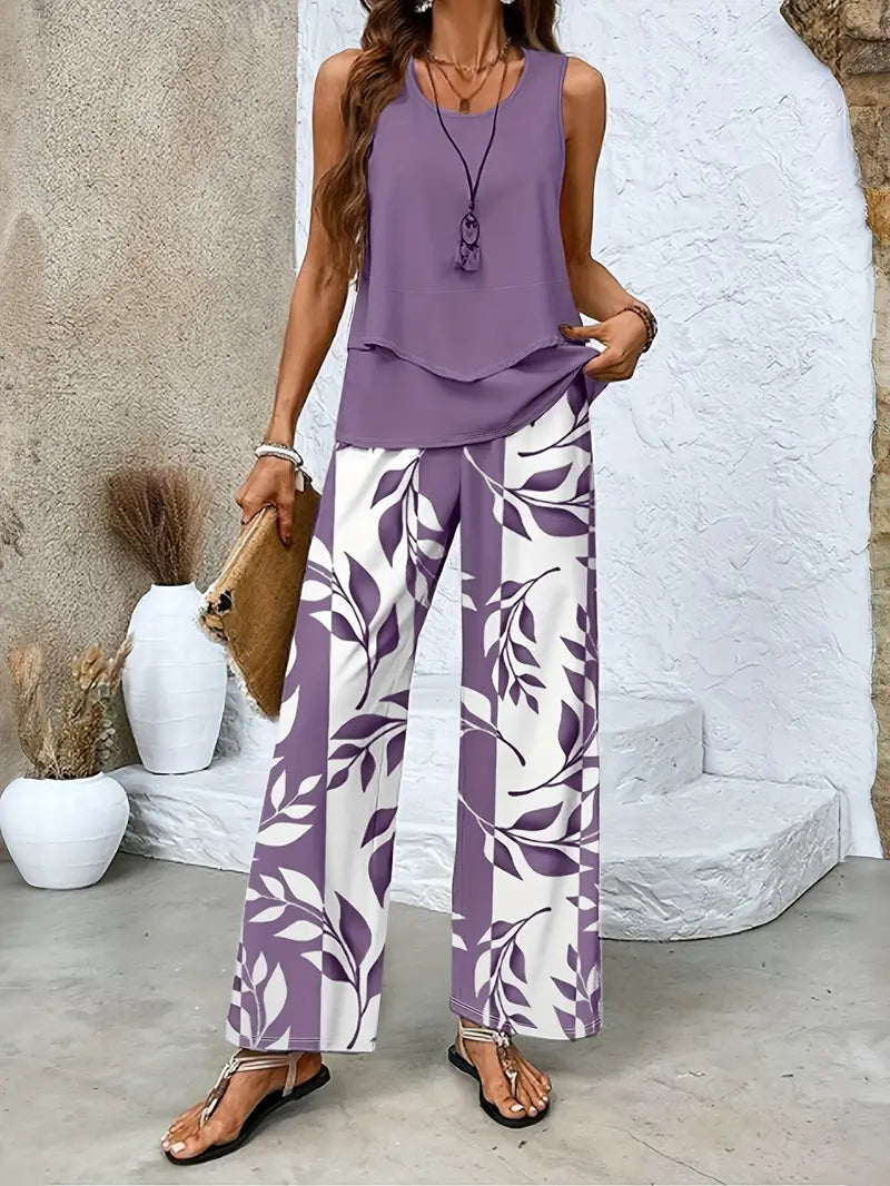 Casual Solid Color Sleeveless Top + Floral Print Wide-Leg Pants - Spring/Summer Fashion