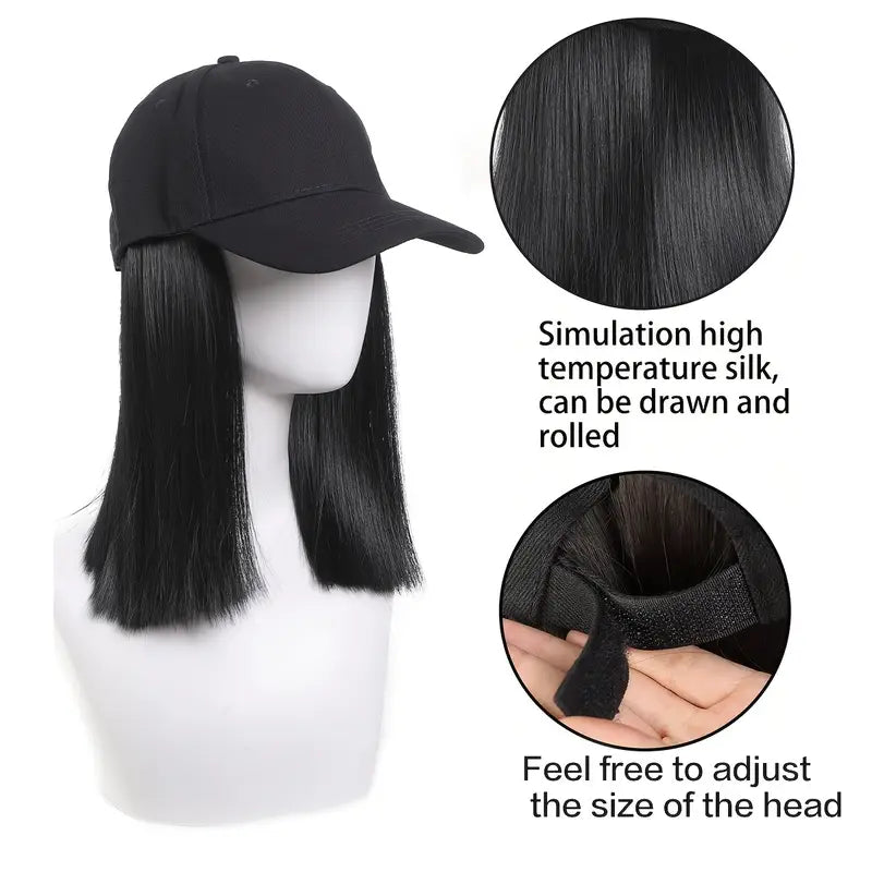 10 Inch Synthetic Straight Hair Black Baseball Cap for Women, Heat Resistant Fiber Hat Suitable for Daily Casual Use
