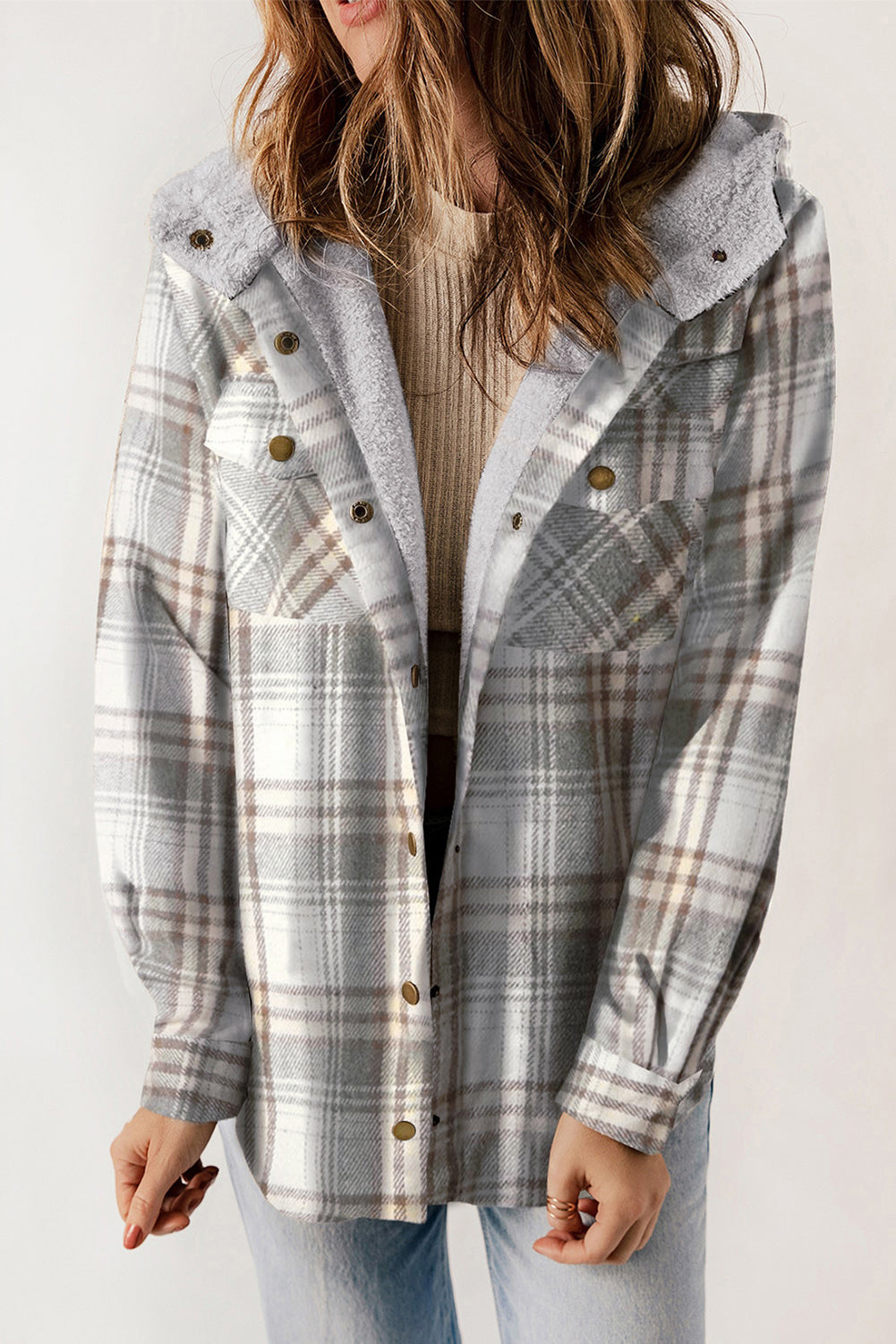 Plaid Pattern Sherpa Lined Hooded Shacket