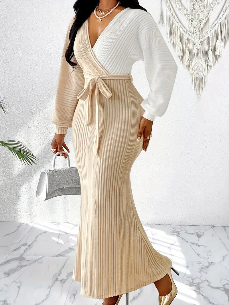 Two-Tone Polyester Elegant Batwing Sleeve Bodycon Long Dress with V-Neck Patchwork, Lace-Up Detail for Women, Fall Season