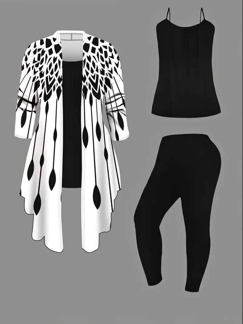 Women's 3pcs Collision Set: Geometric Print Cardigan, Sleeveless Vest And Solid Color Pant Set
