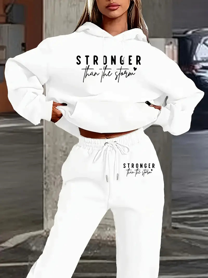 Women's Casual Two-Piece Set - "Stronger Than the Storm" Letter Print Hoodie & Drawstring Pants