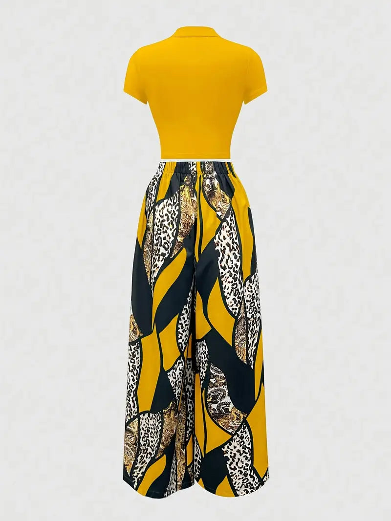 2pcs Set of Short-sleeved Slim-fit T-shirts + Elastic Waist Design Printed Wide-leg Pants for Summer
