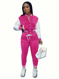 Women'S Baseball Jacket and Jumpsuit Set - Casual Two-Piece with Drawstring Waist, Button-Up Collar