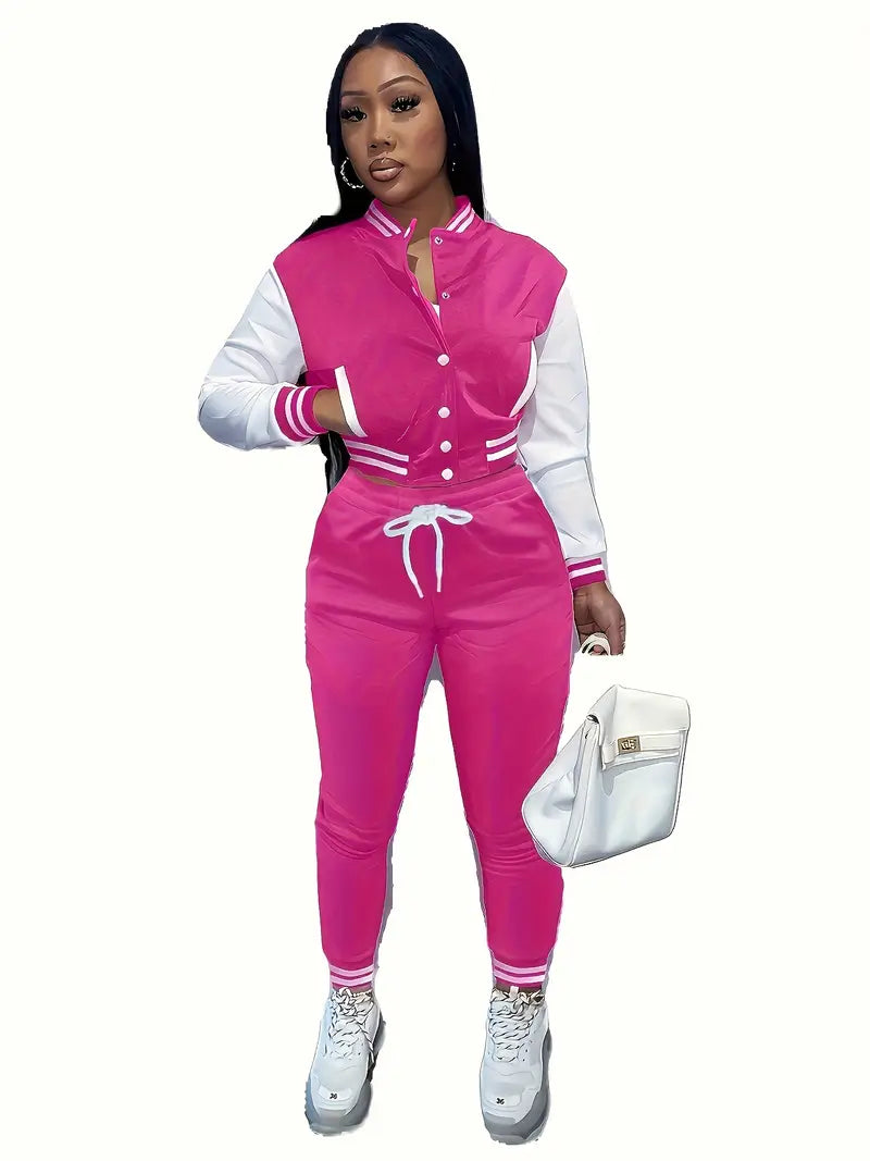 Women'S Baseball Jacket and Jumpsuit Set - Casual Two-Piece with Drawstring Waist, Button-Up Collar