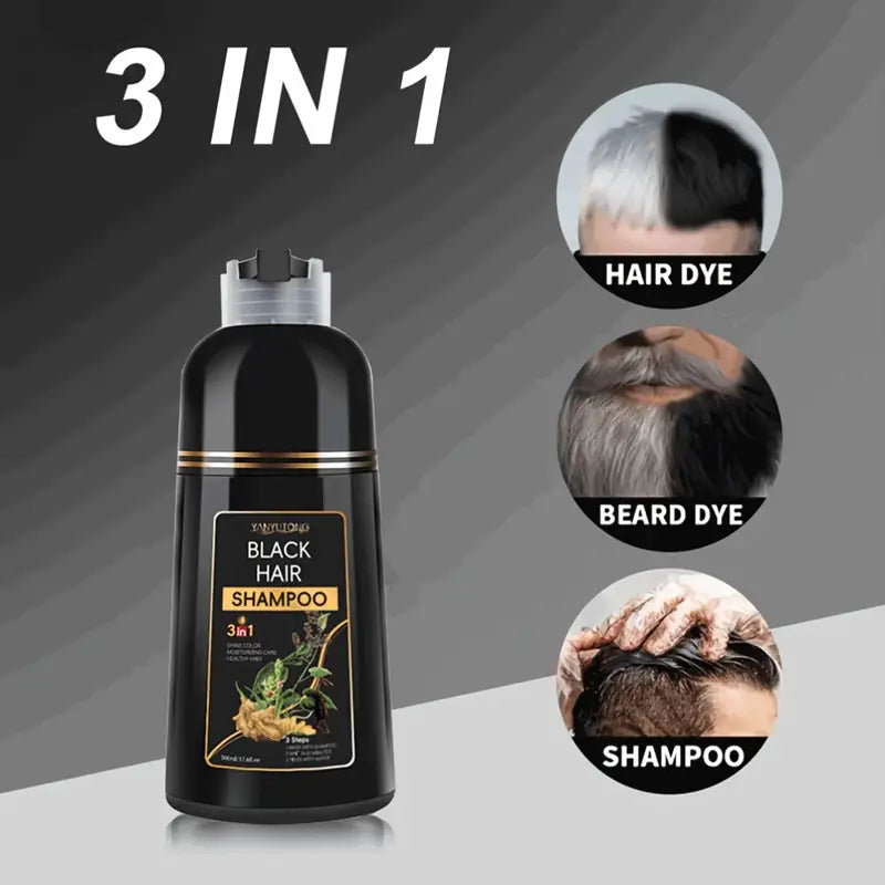 3 Bottles Of 500ml 3-in-1 Black Shampoo, Beard Dye & Cleaner, Natural Herbs
