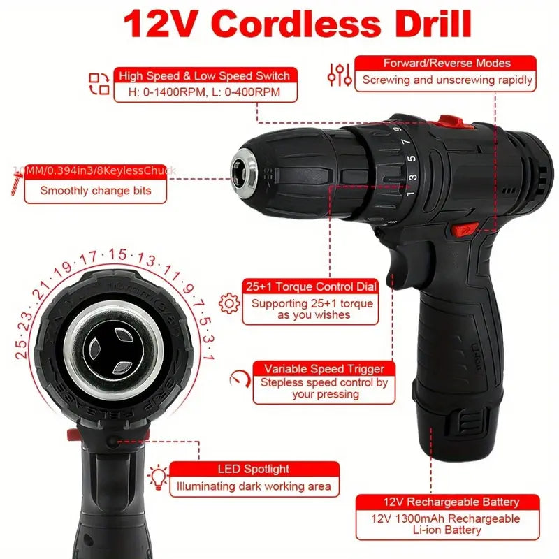 98pcs Cordless Drill -Tool Box With Drill, 12V Cordless Power Drill Set, 25+1 Position Electric Drill