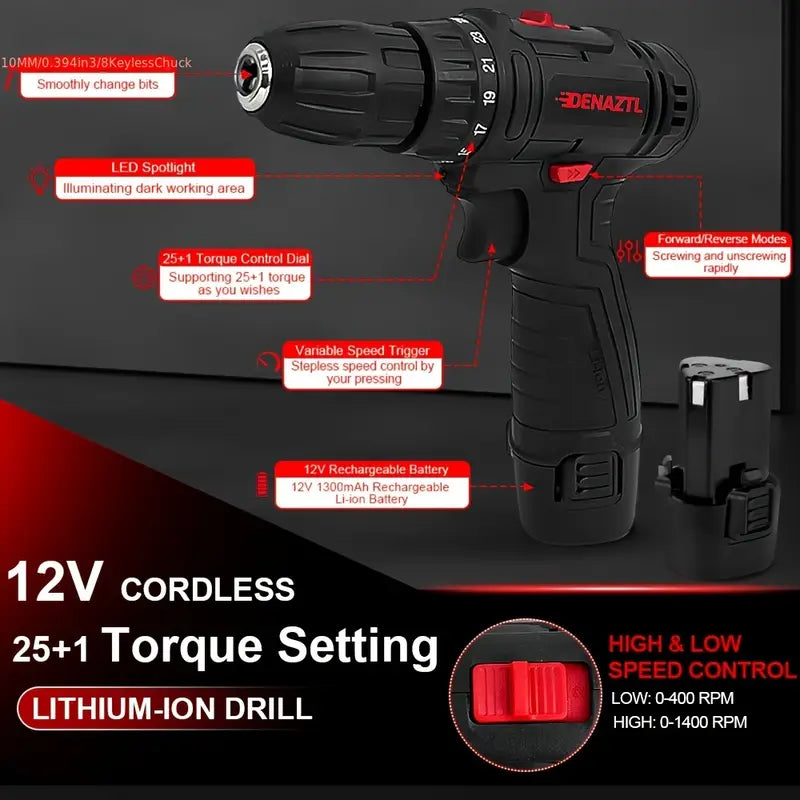 98pcs Cordless Drill -Tool Box With Drill, 12V Cordless Power Drill Set, 25+1 Position Electric Drill
