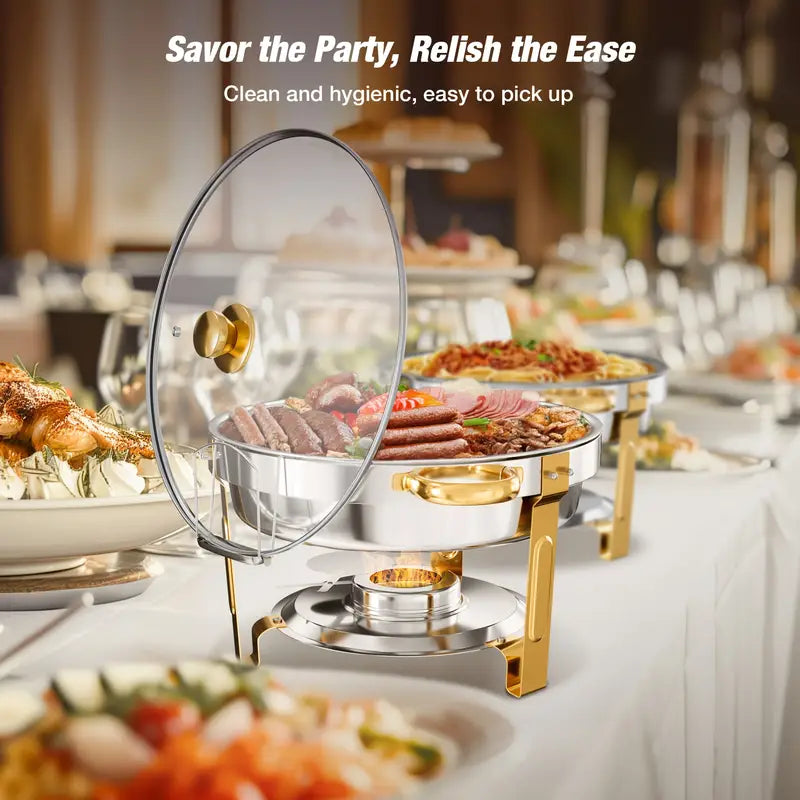 WARMOUNTS 2/4 Pack Golden & Silvery 5QT Chafing Dishes for Buffet with Glass Lid - Food-Grade Stainless Steel Chafers and Buffet Warmers with Lid Holder