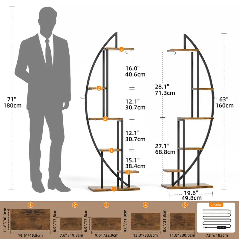 Magazine Holders with Lights, 2pcs Corner Shelf Stand, 63" Tall Large Metal Bookshelf, 6-Tier Narrow Bookcase for Collectibles
