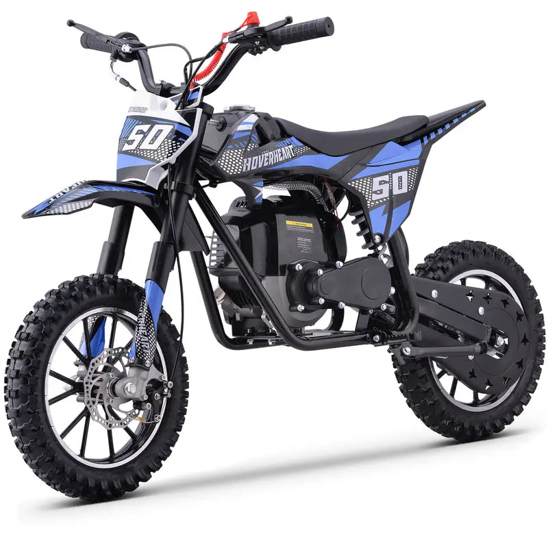 50cc 4-stroke gas motocross bike, motocross bike, top speed 25 mph, range 20 miles, disc brakes, 2.50-10 off-road tires, 165 lbs load capacity, pull start.