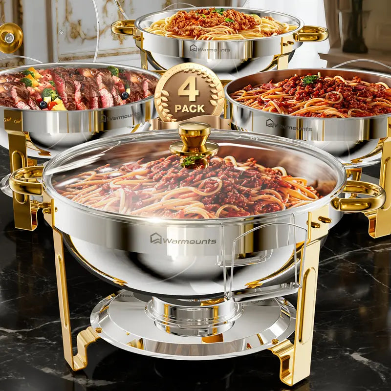 WARMOUNTS 2/4 Pack Golden & Silvery 5QT Chafing Dishes for Buffet with Glass Lid - Food-Grade Stainless Steel Chafers and Buffet Warmers with Lid Holder
