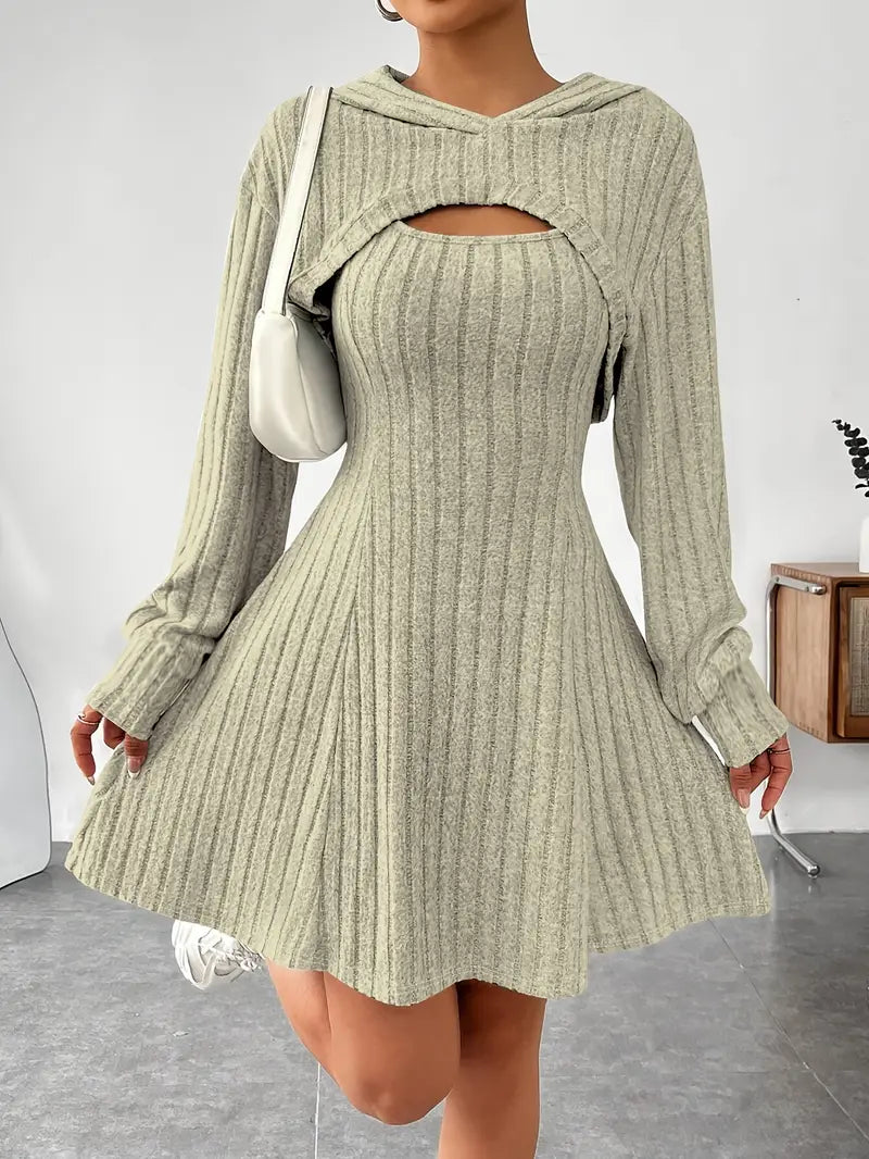 Ribbed Texture Two-Piece Set - Fashionable Short Top And Dress for Women