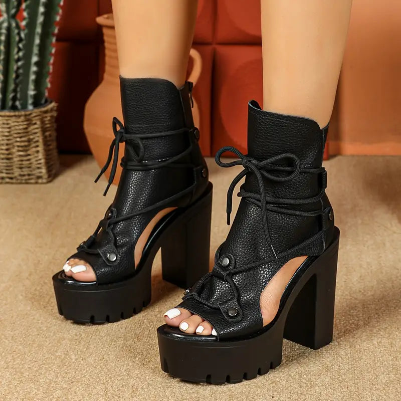 High Heel Block Microfiber Women's Fashion Retro Roman Open Toe Ankle Booties with Zip Closure