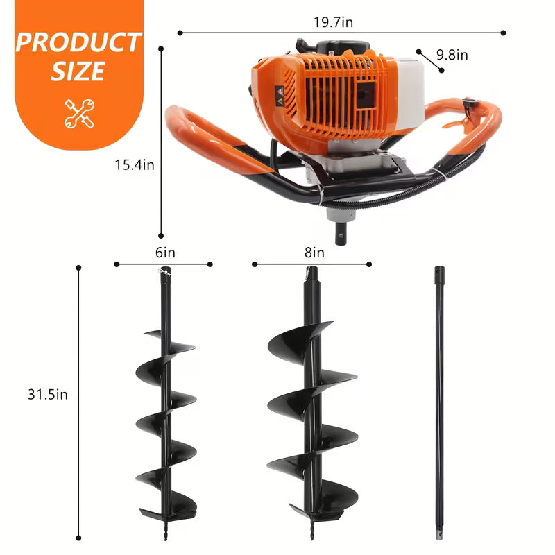 62CC Auger Post Hole Digger With 2 Auger Drill Bits(6" & 8") + 1 Extension Rods, 2 Stroke Gas Powered Earth Post Hole Digger
