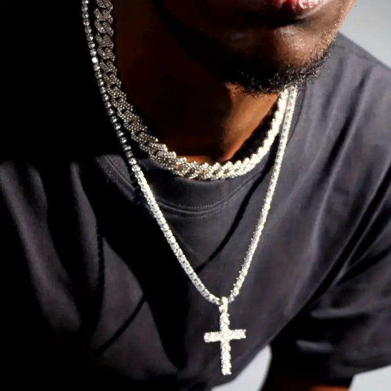 2-piece Men's Cross Pendant Necklace and Cuban Chain Set