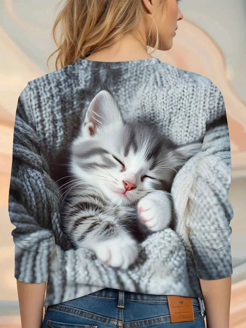 Women's Cute Tabby Kitten Print Long Sleeve T-Shirt - Soft Round Neck Sweater