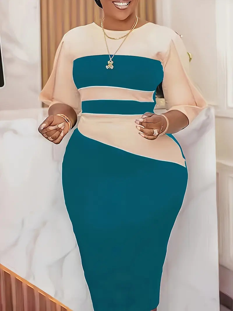Color Block Crew Neck Dress, Elegant Half Sleeve Slim Dress