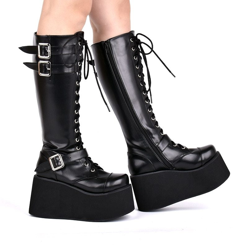 Punk lace up zipper gear muffin high heel boots
