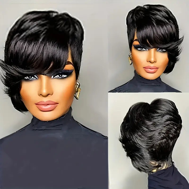 Short Pixie Cut Wig with Bangs 8 Inch Straight Virgin Layered Wigs Throw On and Go Glueless Wigs