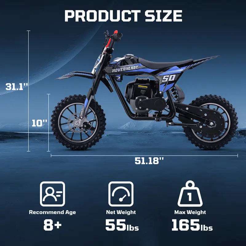 50cc 4-stroke gas motocross bike, motocross bike, top speed 25 mph, range 20 miles, disc brakes, 2.50-10 off-road tires, 165 lbs load capacity, pull start.