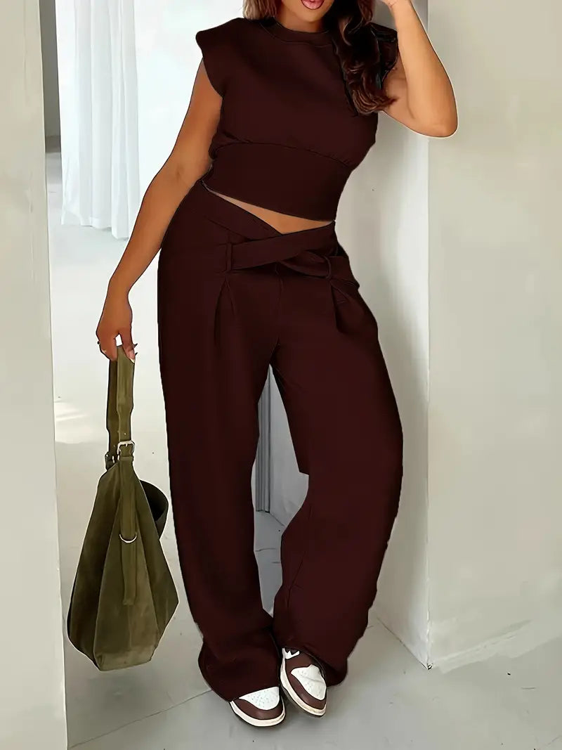 Long Sleeve Loose Top Polyester Blend Women'S Casual Solid Color Ribbed Pantsuit Set