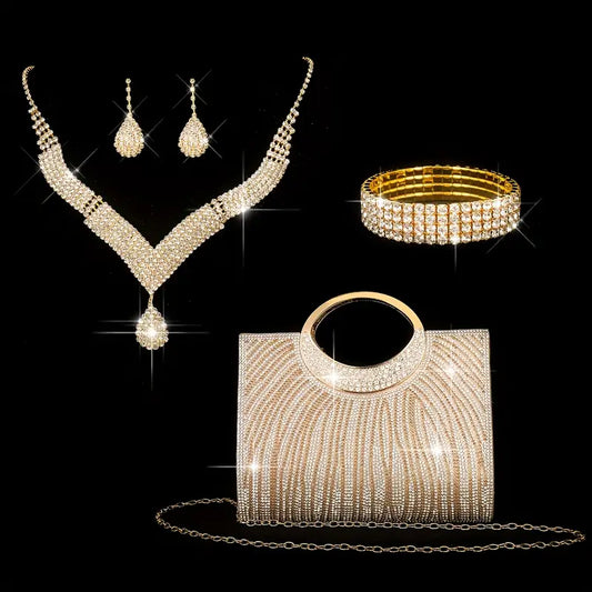 4pcs Set New Fashion Dinner Bag Sparkly Rhinestone Striped Tote Wedding Bridesmaid Bag