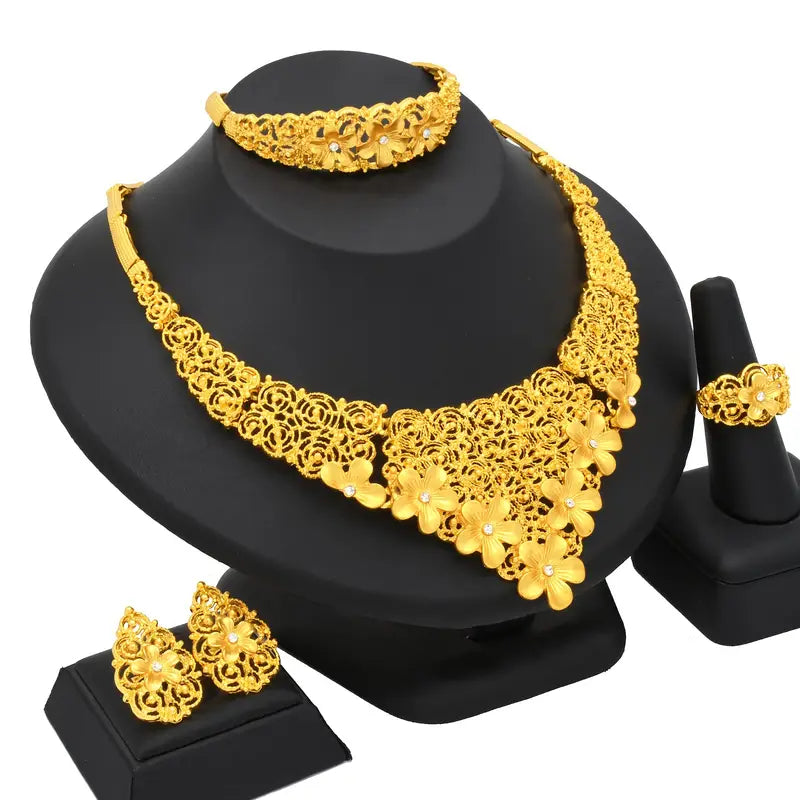 1 Necklace + 1 Bracelet + 1 Pair of Earrings + 1 Ring Luxury Style Bridal Jewelry Set Golden-Plated Floral Hollow Design